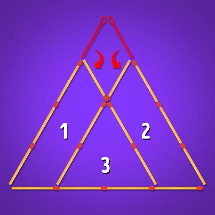 Kibrit çöpü bulmacası #4: Sadece 2 kibrit çöpünü hareket ettirerek 3 tane üçgen elde edebilir misin?