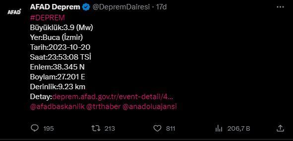 AFAD resmen duyurdu! İzmir'de 3.9 büyüklüğünde deprem